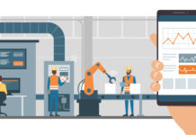 Industry 4.0 monitoring app on a smartphone and smart automated production line with workers and robots on the background